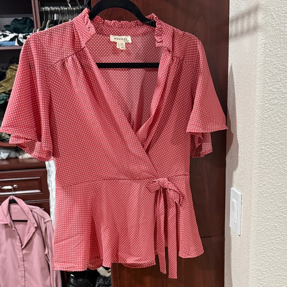 Monteau Red Wrap Blouse with Dots